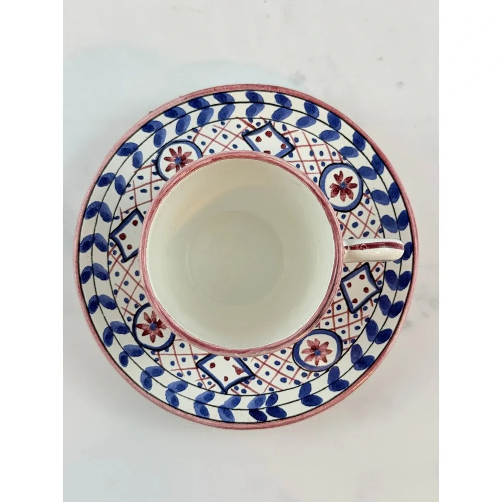 VTG 1983 Casafina Portugal Hand Painted Demitasse Cup and Saucer Blue Pink